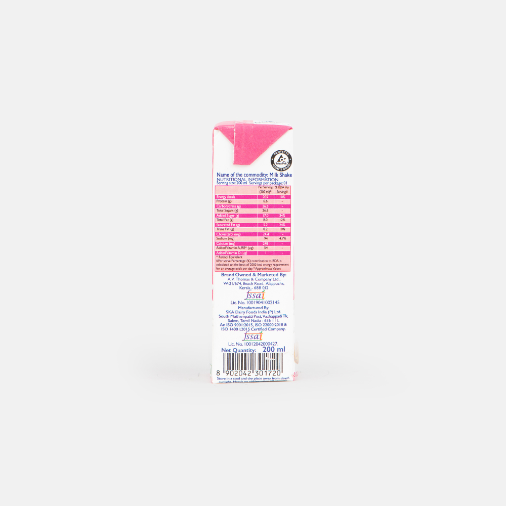 Nutritional Information of AVT Dairy Sure Juicy Strawberry Milkshake 200ml Tetra Pack Nutritional Information of AVT Dairy Sure Juicy Strawberry Milkshake 200ml Tetra Pack